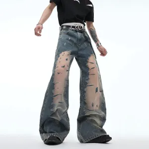 Men's Mesh Spliced Jeans Hollowed Out Gradual Niche Design Flare Pants Denim Patchwork Male Summer Fashion Trend 24Y165