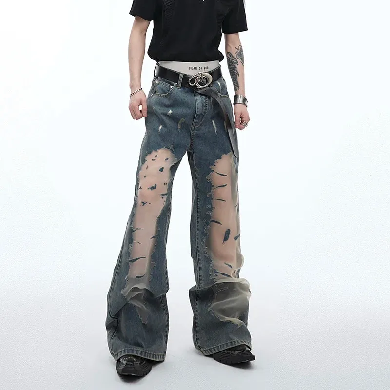 Men's Mesh Spliced Jeans Hollowed Out Gradual Niche Design Flare Pants Denim Patchwork Male Summer Fashion Trend 24Y165