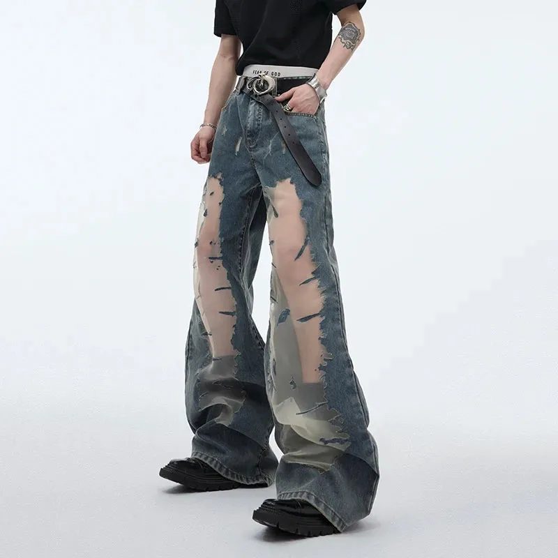 Men's Mesh Spliced Jeans Hollowed Out Gradual Niche Design Flare Pants Denim Patchwork Male Summer Fashion Trend 24Y165