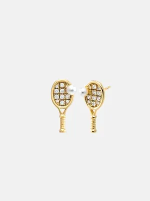 Mini Pearl Accented Tennis Racket Stud Earring