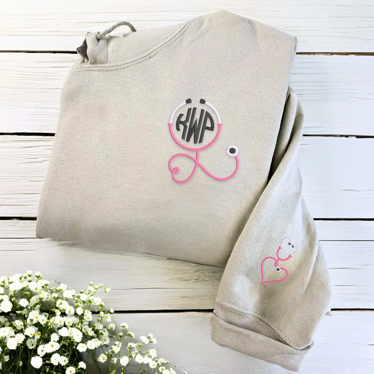 Monogrammed Circle Stethoscope Quarter Zip Sweatshirt or Hoodie, Embroidered Gift for Nurse