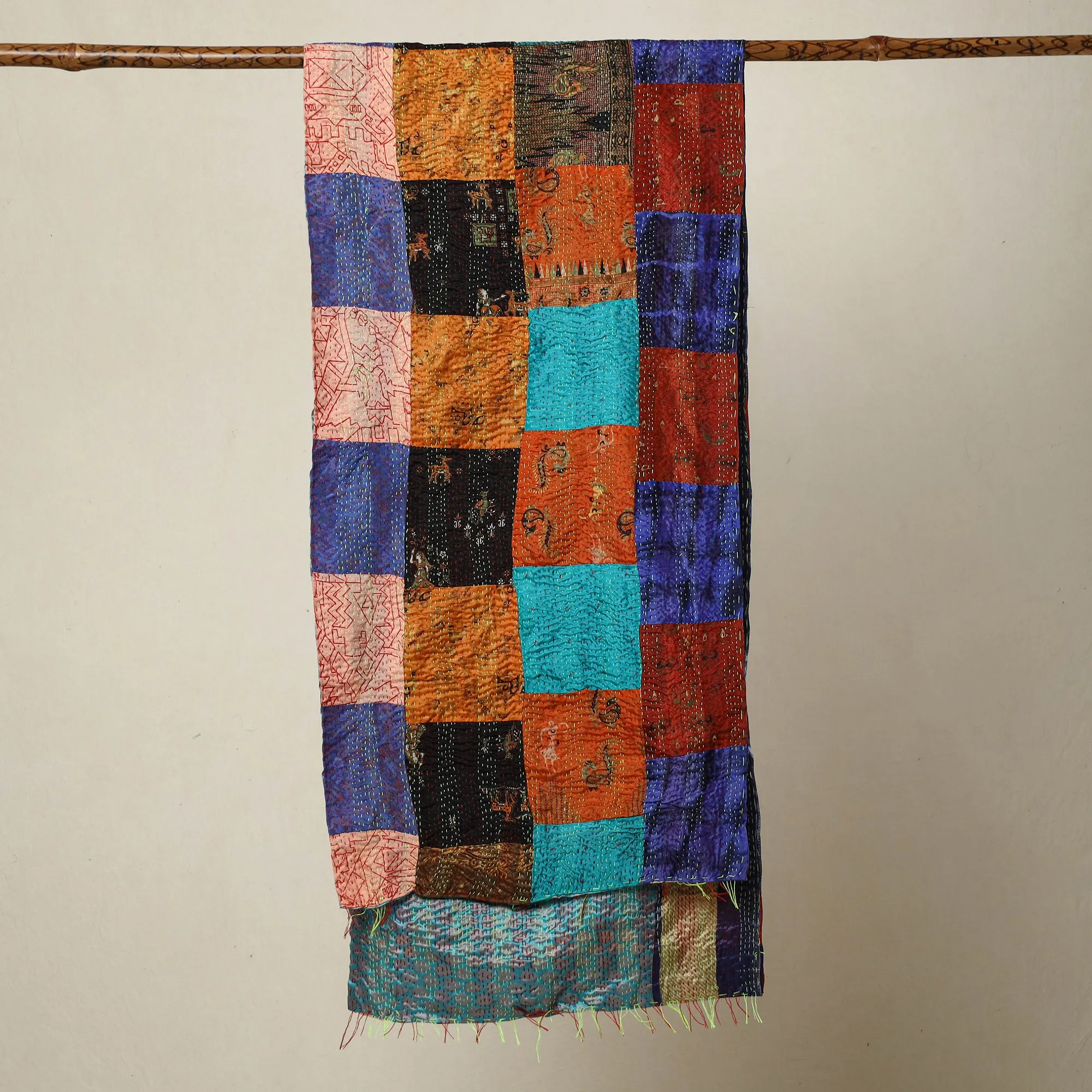 Multicolor - Bengal Kantha Embroidery Patchwork Reversible Silk Stole 39