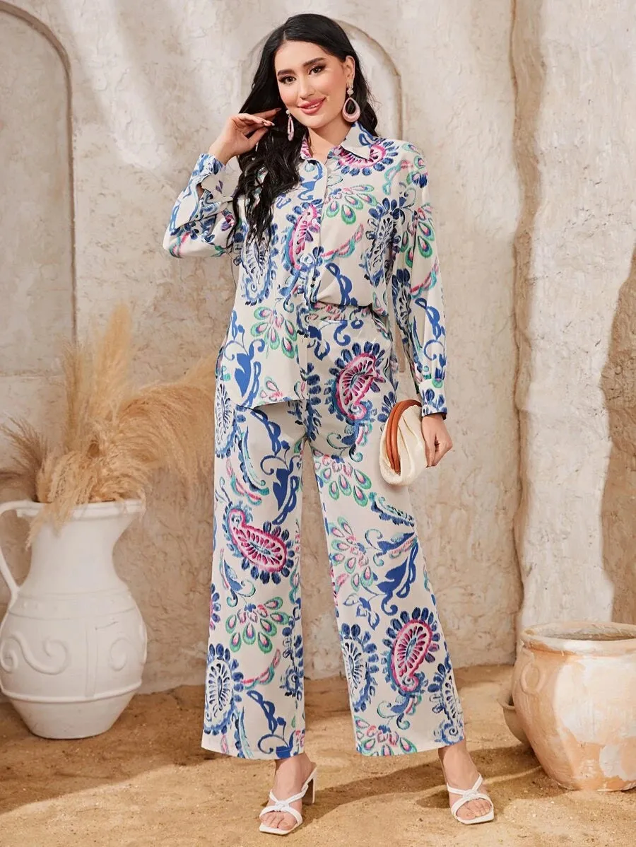 Mulvari Women's Paisley Print Shirt And Wide Leg Trousers Sets