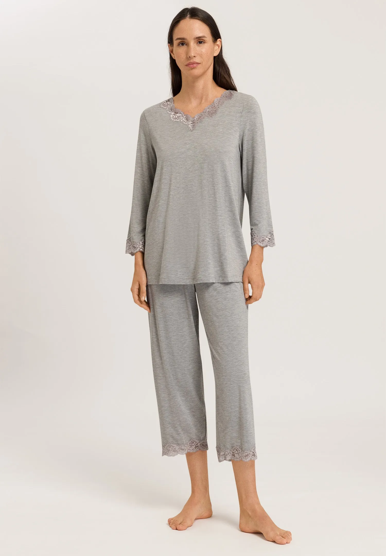 Natural Elegance Scalloped Lace Trim Pajama Set | Grey Melange 74952-958