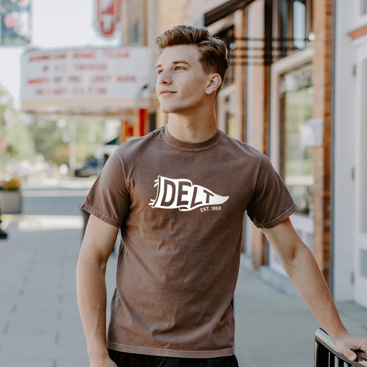 New! Delt Comfort Colors Brown Pennant Short Sleeve Tee