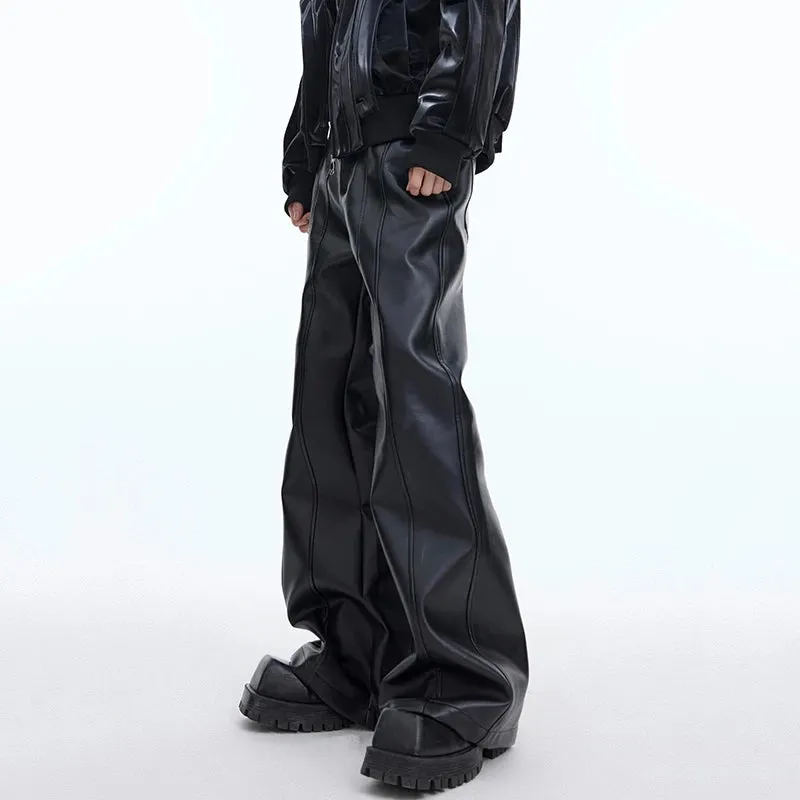 Niche Design Men's PU Leather Trousers Threedimensional Deconstruction Micro Flare Pants Solid Color Streetwear 9C3773