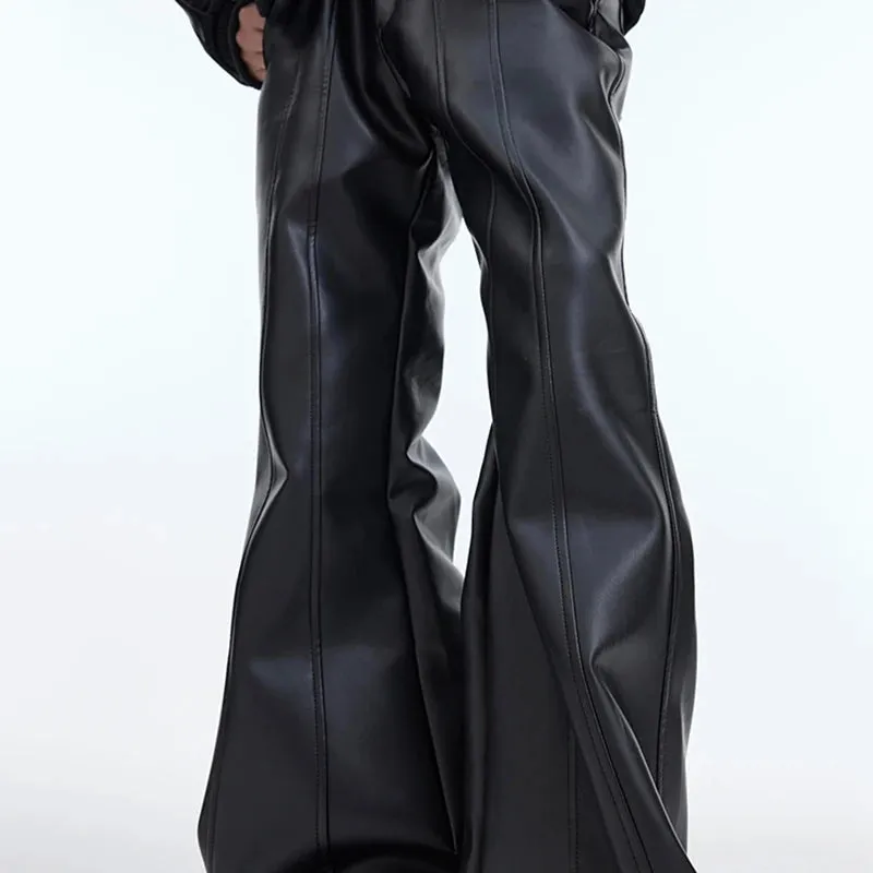 Niche Design Men's PU Leather Trousers Threedimensional Deconstruction Micro Flare Pants Solid Color Streetwear 9C3773