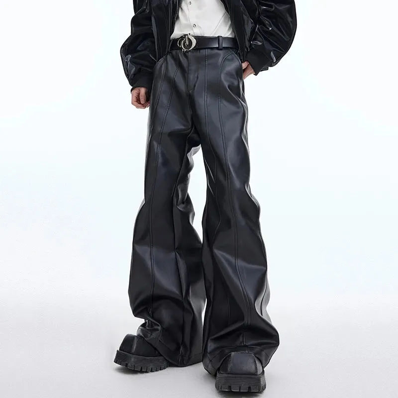 Niche Design Men's PU Leather Trousers Threedimensional Deconstruction Micro Flare Pants Solid Color Streetwear 9C3773