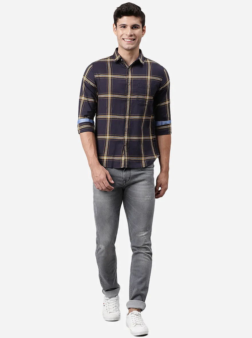 Night Blue Checked Slim Fit Semi Casual Shirt | JadeBlue