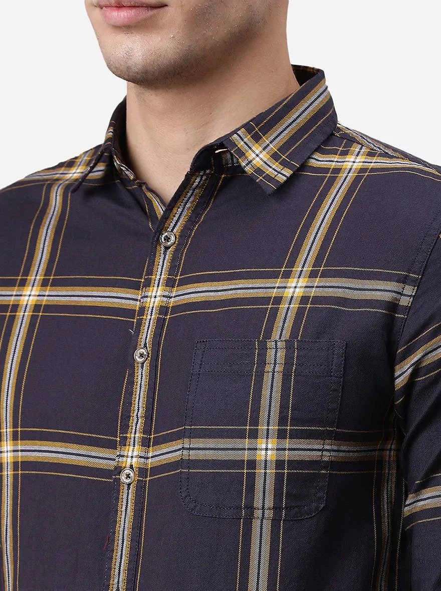 Night Blue Checked Slim Fit Semi Casual Shirt | JadeBlue