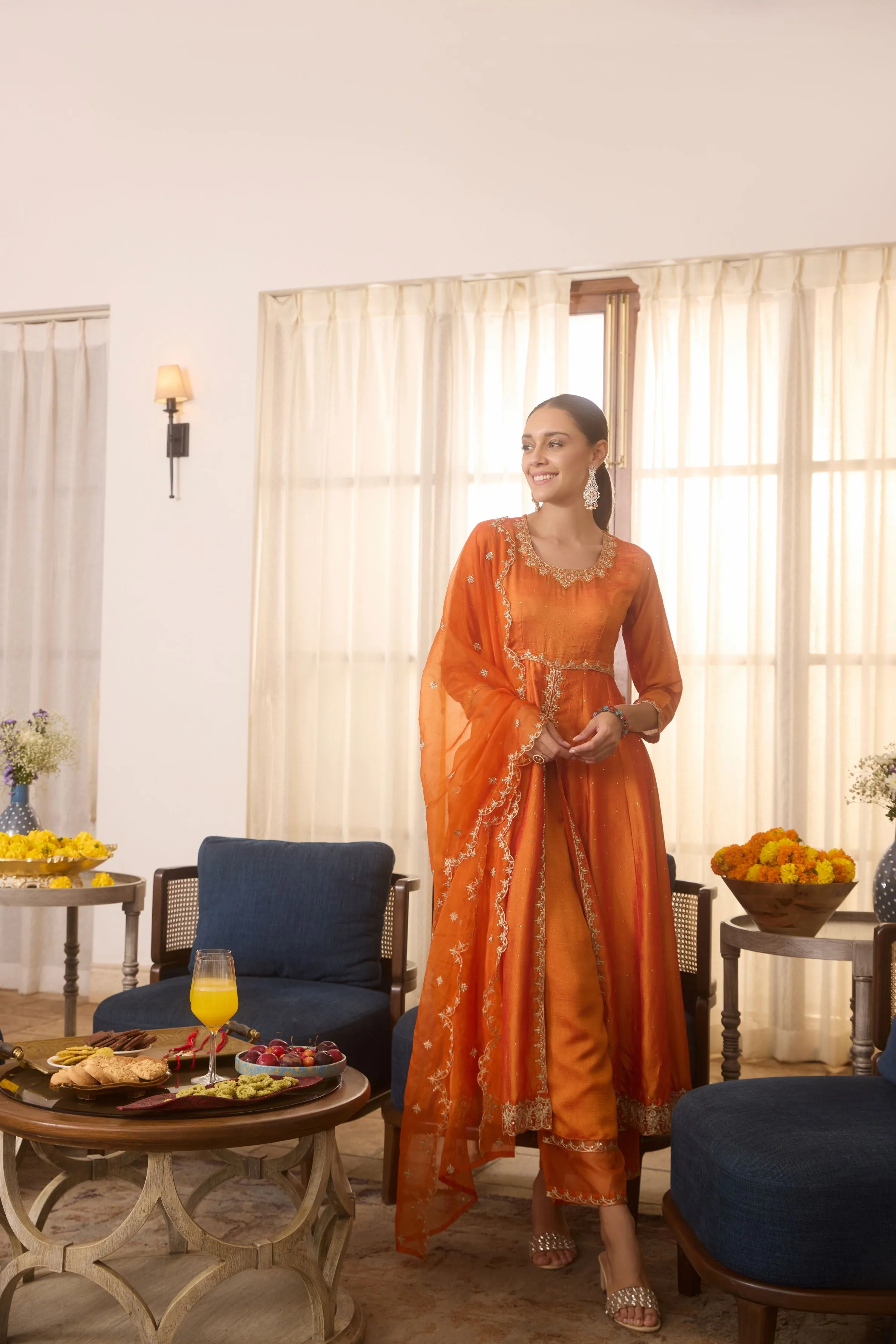 Orange Embroidered Italian Silk Anarkali Set