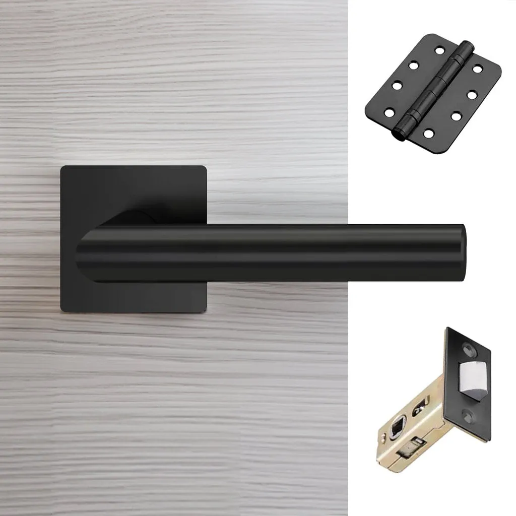 Orlando Door Lever Handle Pack - 4 Radius Cornered Hinges - Matt Black