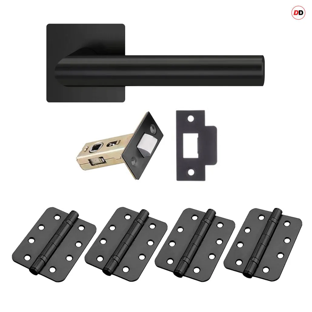 Orlando Door Lever Handle Pack - 4 Radius Cornered Hinges - Matt Black