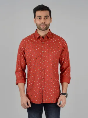 Paprika Red Printed Slim Fit Casual Shirt | Greenfibre