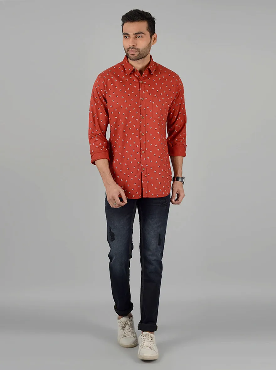 Paprika Red Printed Slim Fit Casual Shirt | Greenfibre