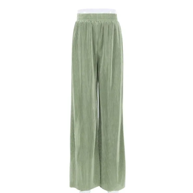 Pleated Wide Leg Pants Women Casual Loose Trousers Office Long Pants