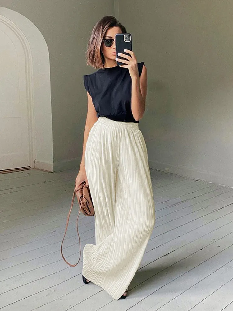 Pleated Wide Leg Pants Women Casual Loose Trousers Office Long Pants