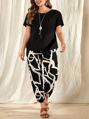 Plus Size Casual Duo - Crew Neck Short Sleeve Top & Colorblock Print Pants Set for Stylish Women