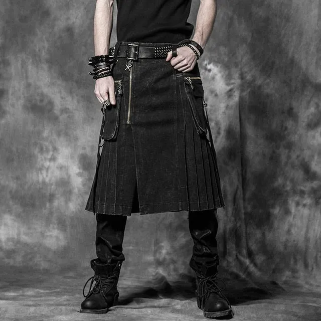 Punk Winter Men Loose Skirt With Pockets Scottish Kilt Gothic Ghost Head Zipper Plait Skirt Scotland Tartan Trousers