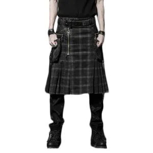 Punk Winter Men Loose Skirt With Pockets Scottish Kilt Gothic Ghost Head Zipper Plait Skirt Scotland Tartan Trousers