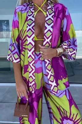 Purple Printed Cardigan & Wide Leg Pants