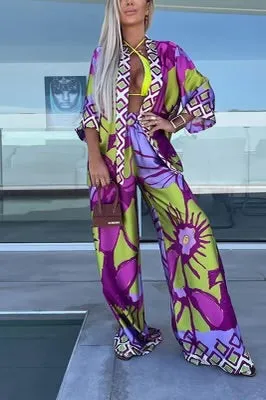 Purple Printed Cardigan & Wide Leg Pants