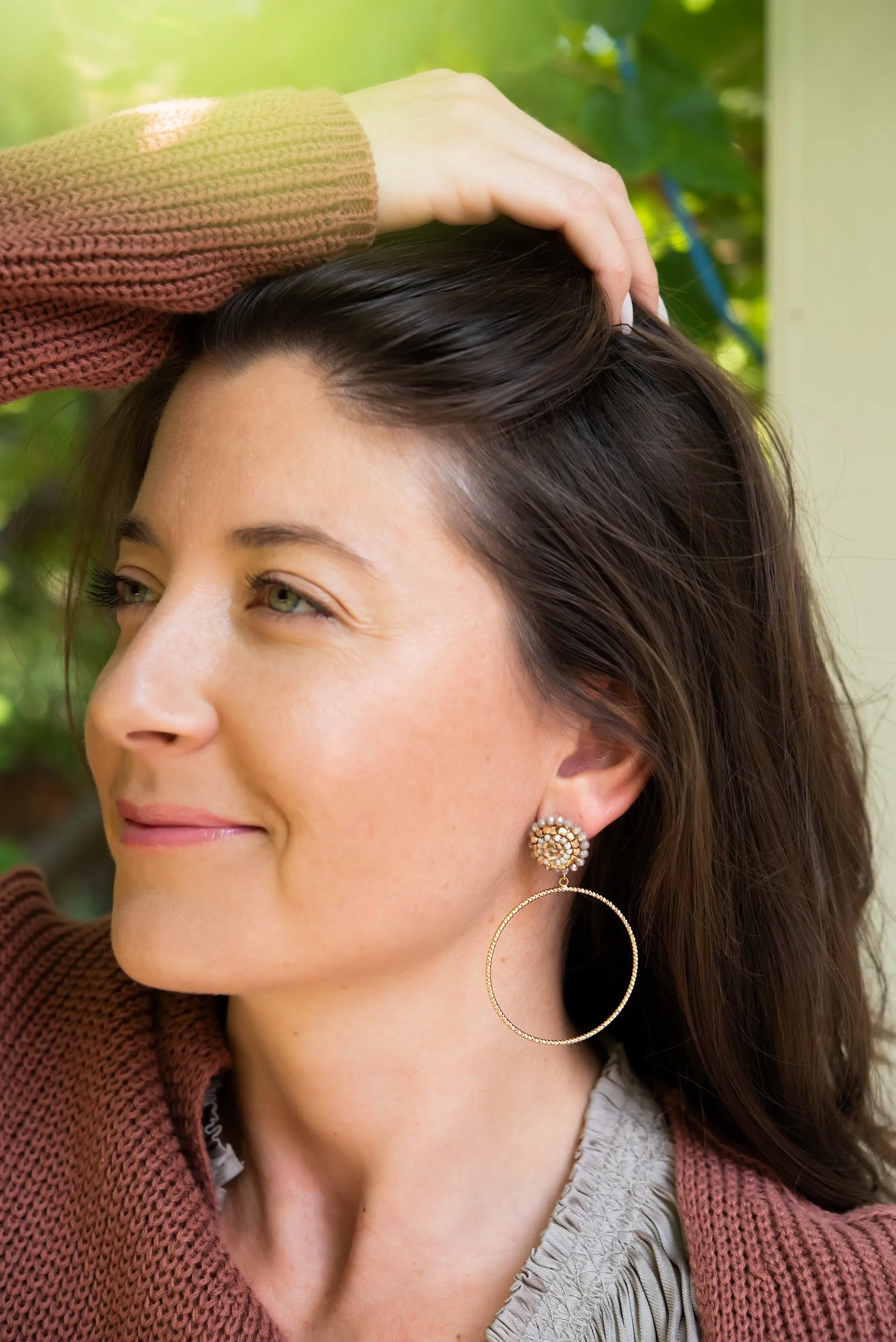 Reagan Gold Hoop Earrings | Cream Beaded Details | Thin Gold Hoops | Minimalist Boho Earrings