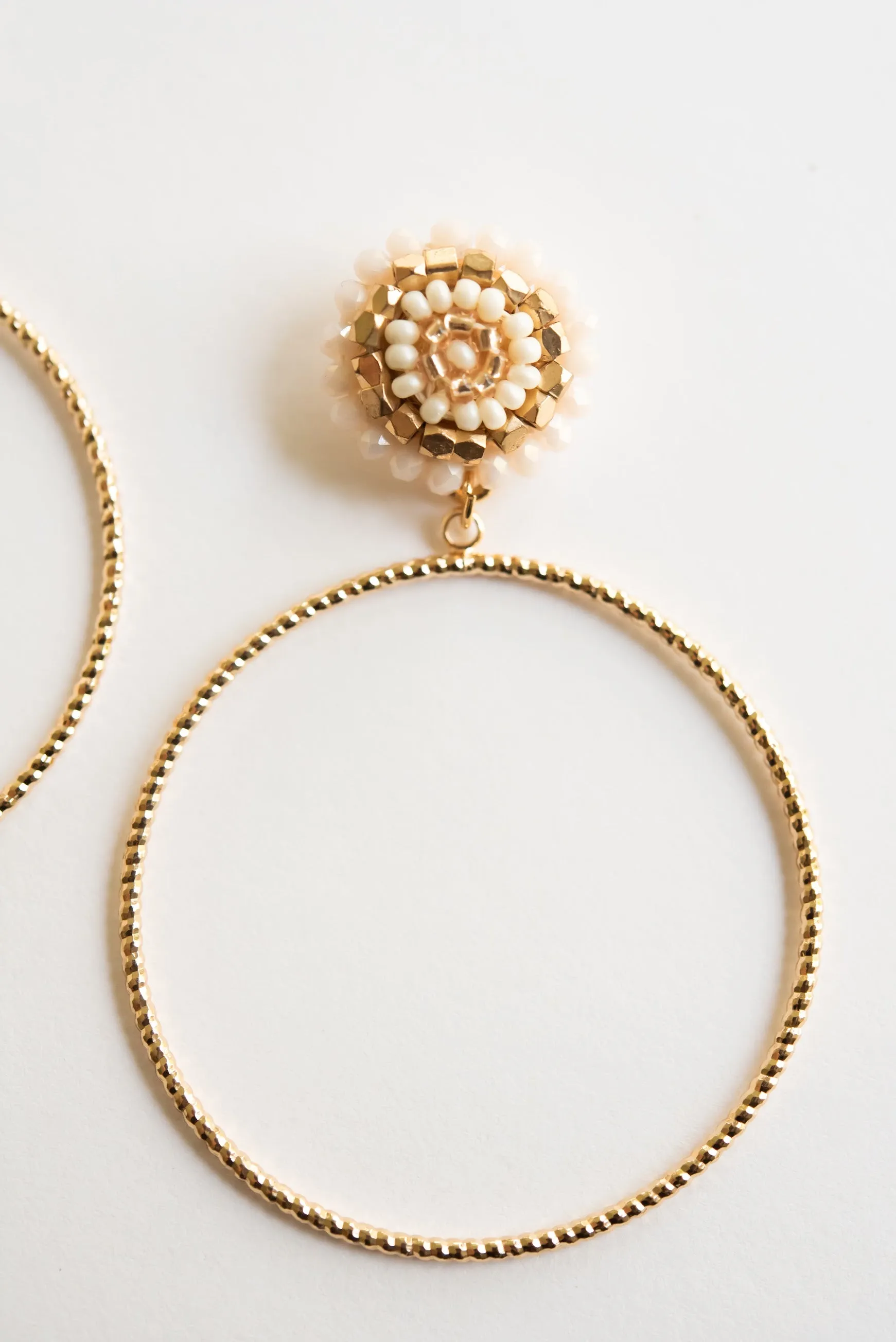 Reagan Gold Hoop Earrings | Cream Beaded Details | Thin Gold Hoops | Minimalist Boho Earrings