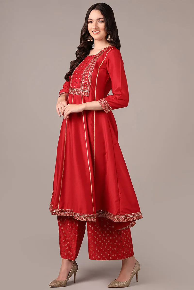 Red Silk Blend Solid Yoke Design Anarkali Style Suit Set