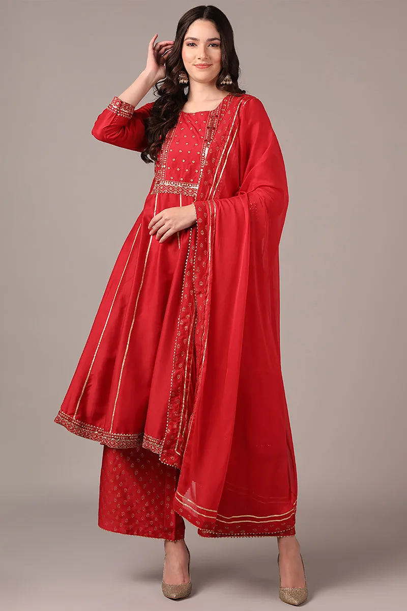 Red Silk Blend Solid Yoke Design Anarkali Style Suit Set