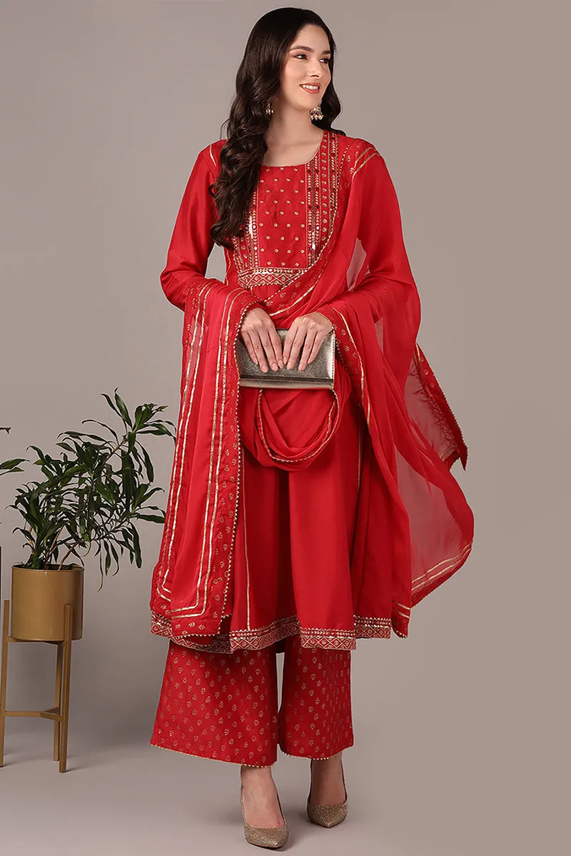 Red Silk Blend Solid Yoke Design Anarkali Style Suit Set