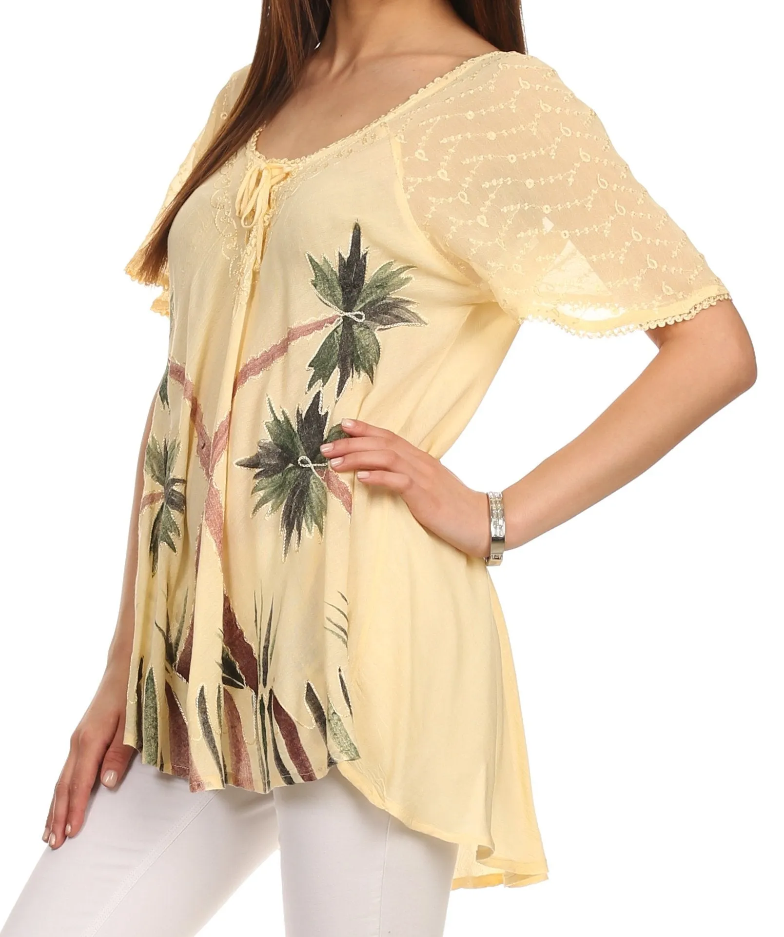 Sakkas Albina Island Relaxed Fit Embroidery Cap Sleeves Blouse / Top