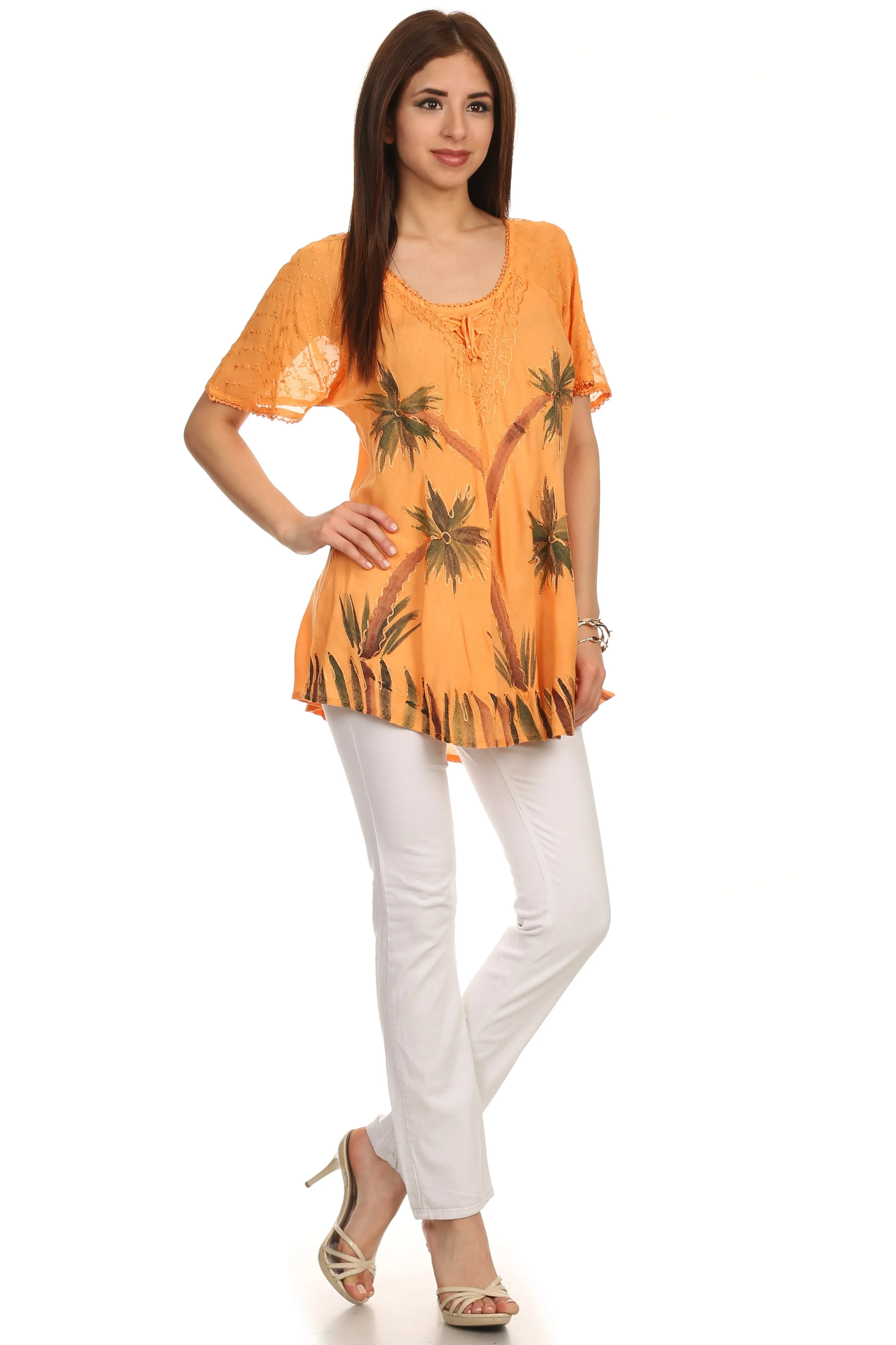 Sakkas Albina Island Relaxed Fit Embroidery Cap Sleeves Blouse / Top