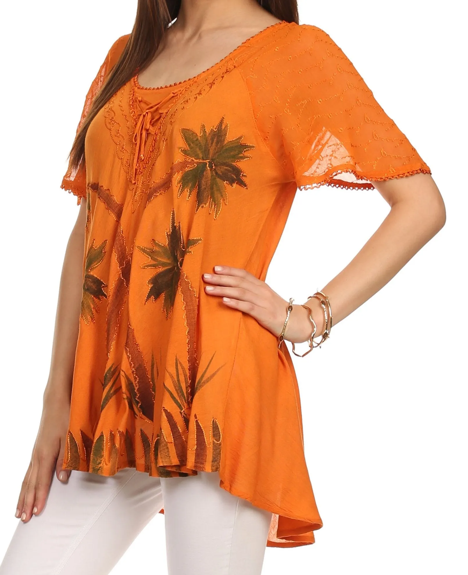 Sakkas Albina Island Relaxed Fit Embroidery Cap Sleeves Blouse / Top