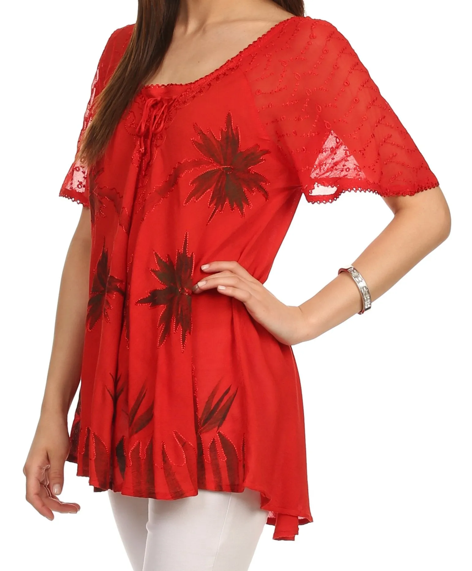 Sakkas Albina Island Relaxed Fit Embroidery Cap Sleeves Blouse / Top