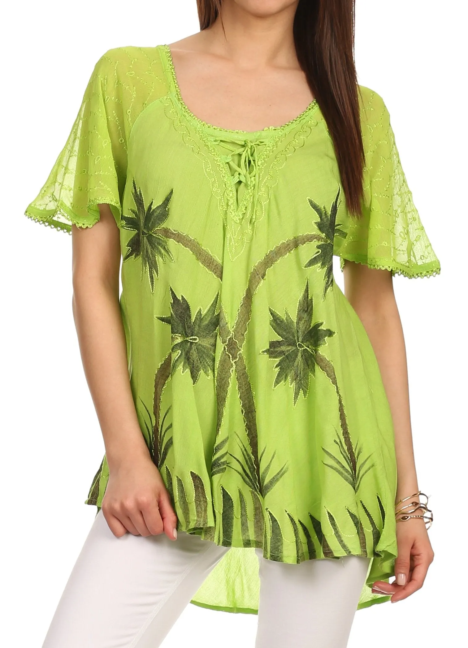 Sakkas Albina Island Relaxed Fit Embroidery Cap Sleeves Blouse / Top