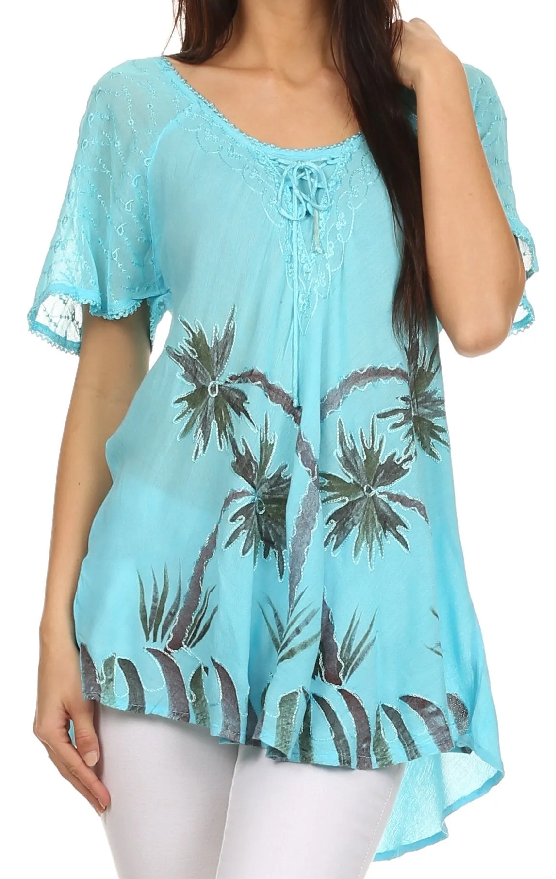 Sakkas Albina Island Relaxed Fit Embroidery Cap Sleeves Blouse / Top