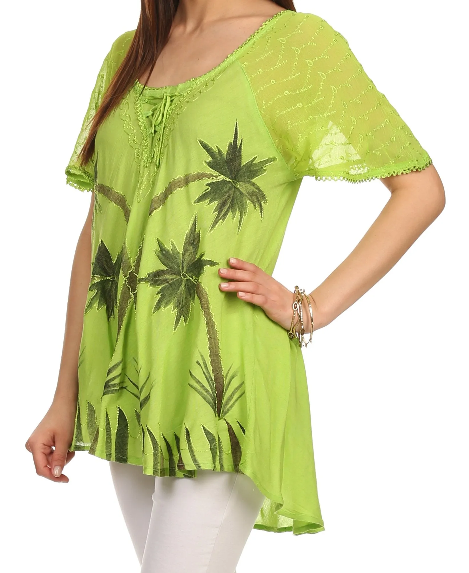 Sakkas Albina Island Relaxed Fit Embroidery Cap Sleeves Blouse / Top