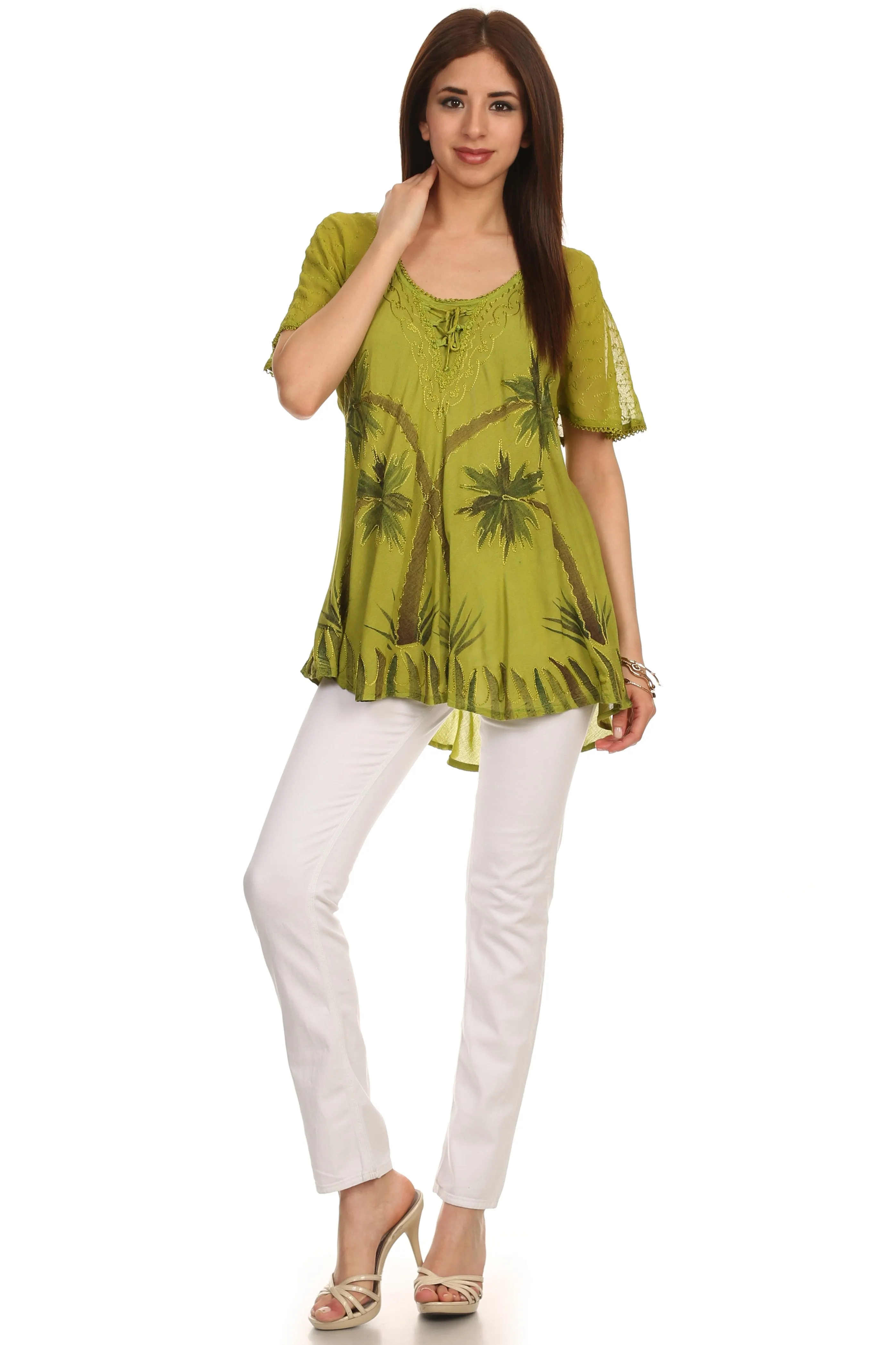 Sakkas Albina Island Relaxed Fit Embroidery Cap Sleeves Blouse / Top