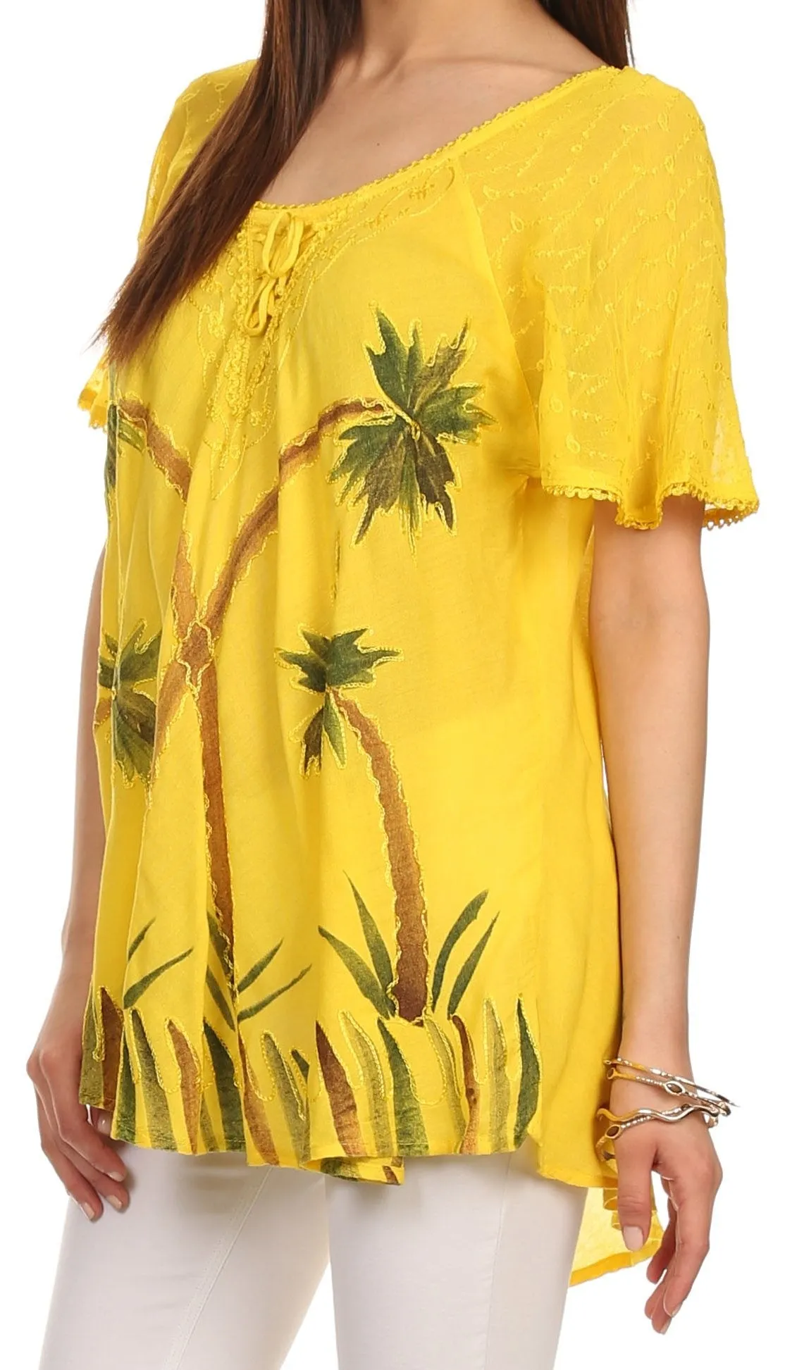 Sakkas Albina Island Relaxed Fit Embroidery Cap Sleeves Blouse / Top