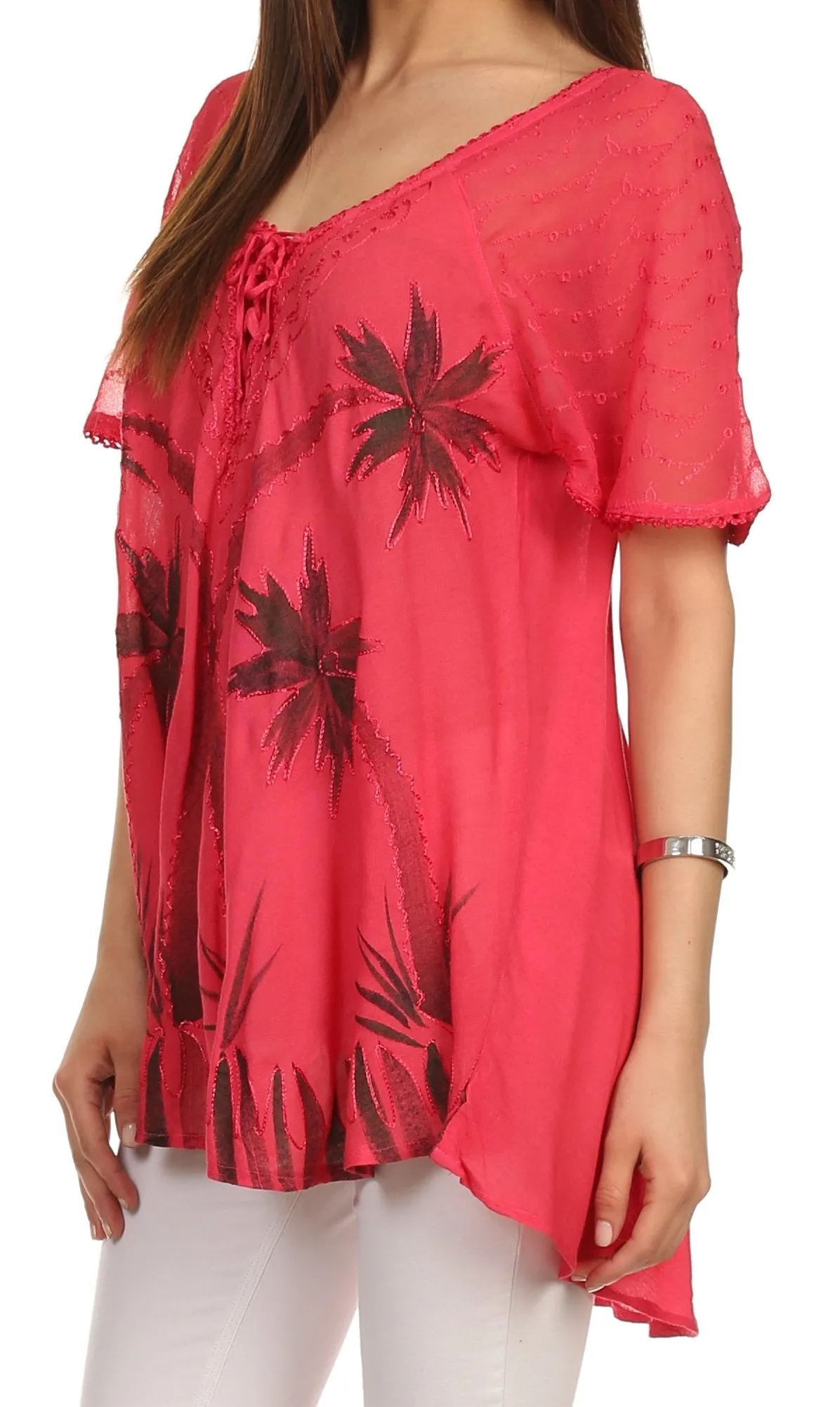 Sakkas Albina Island Relaxed Fit Embroidery Cap Sleeves Blouse / Top