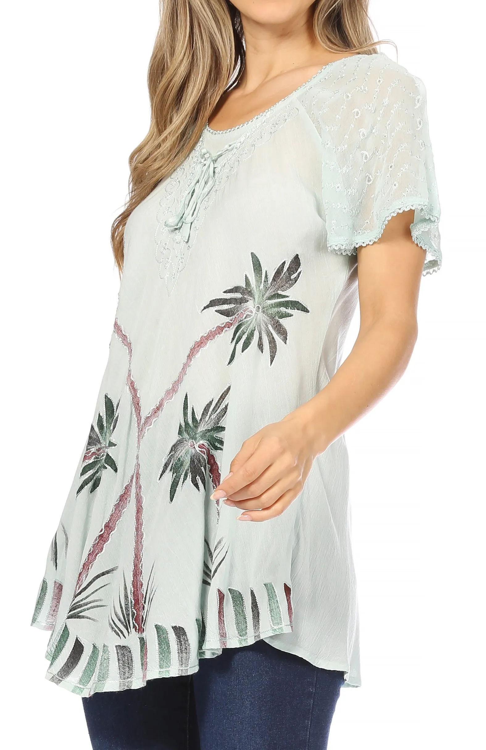 Sakkas Albina Island Relaxed Fit Embroidery Cap Sleeves Blouse / Top