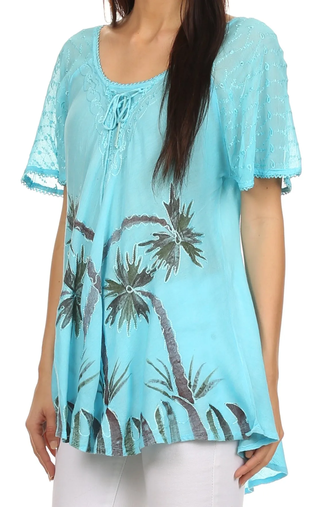 Sakkas Albina Island Relaxed Fit Embroidery Cap Sleeves Blouse / Top