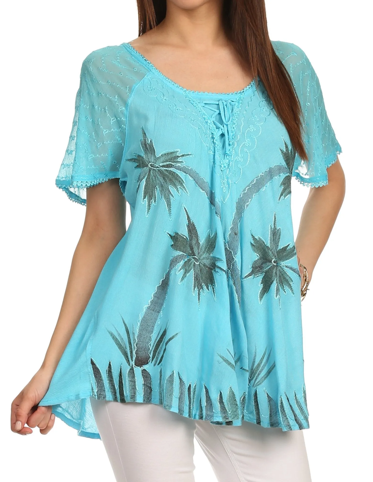 Sakkas Albina Island Relaxed Fit Embroidery Cap Sleeves Blouse / Top