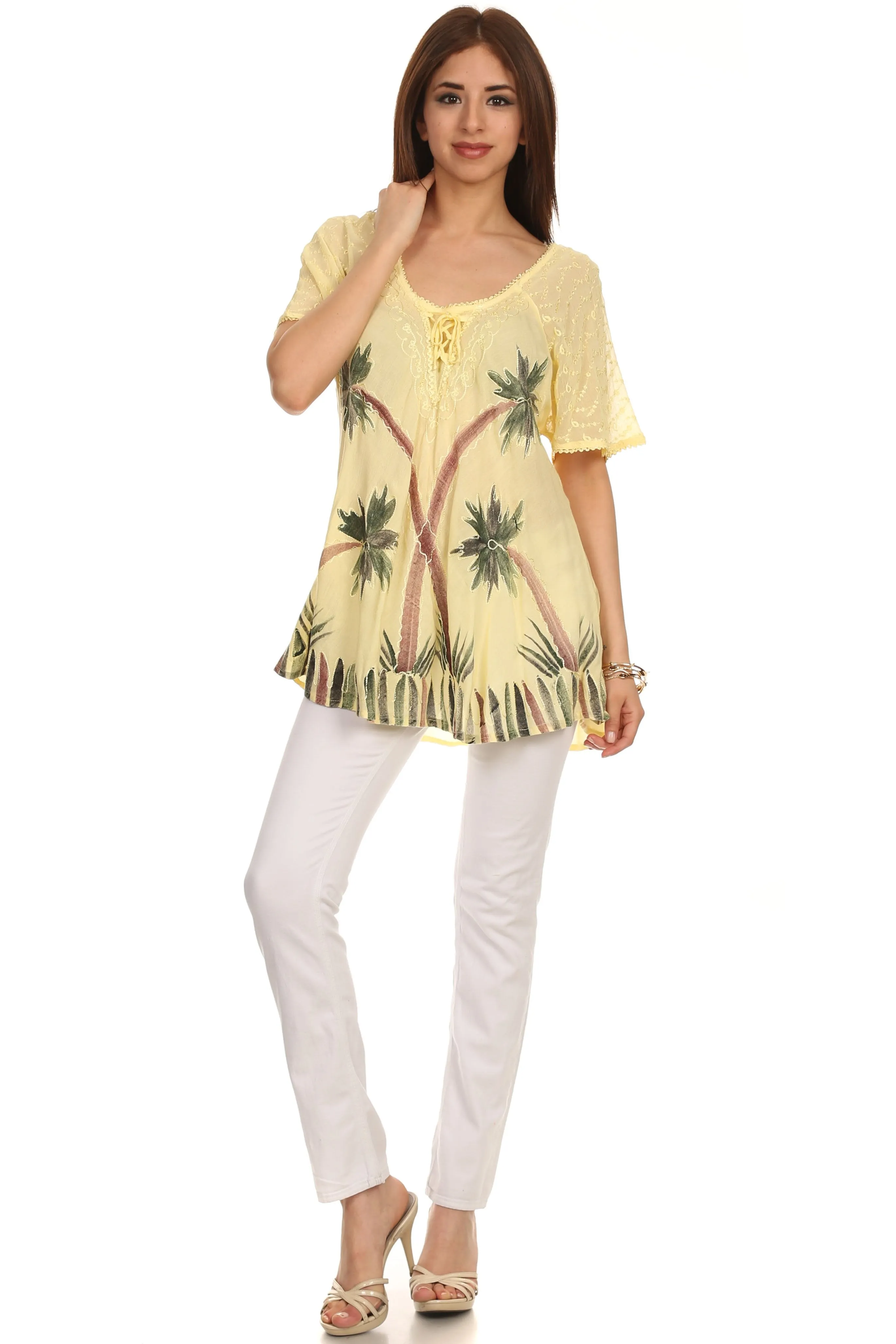 Sakkas Albina Island Relaxed Fit Embroidery Cap Sleeves Blouse / Top