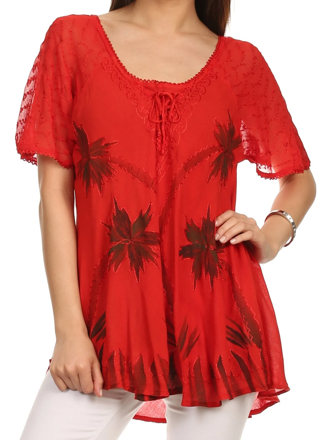 Sakkas Albina Island Relaxed Fit Embroidery Cap Sleeves Blouse / Top