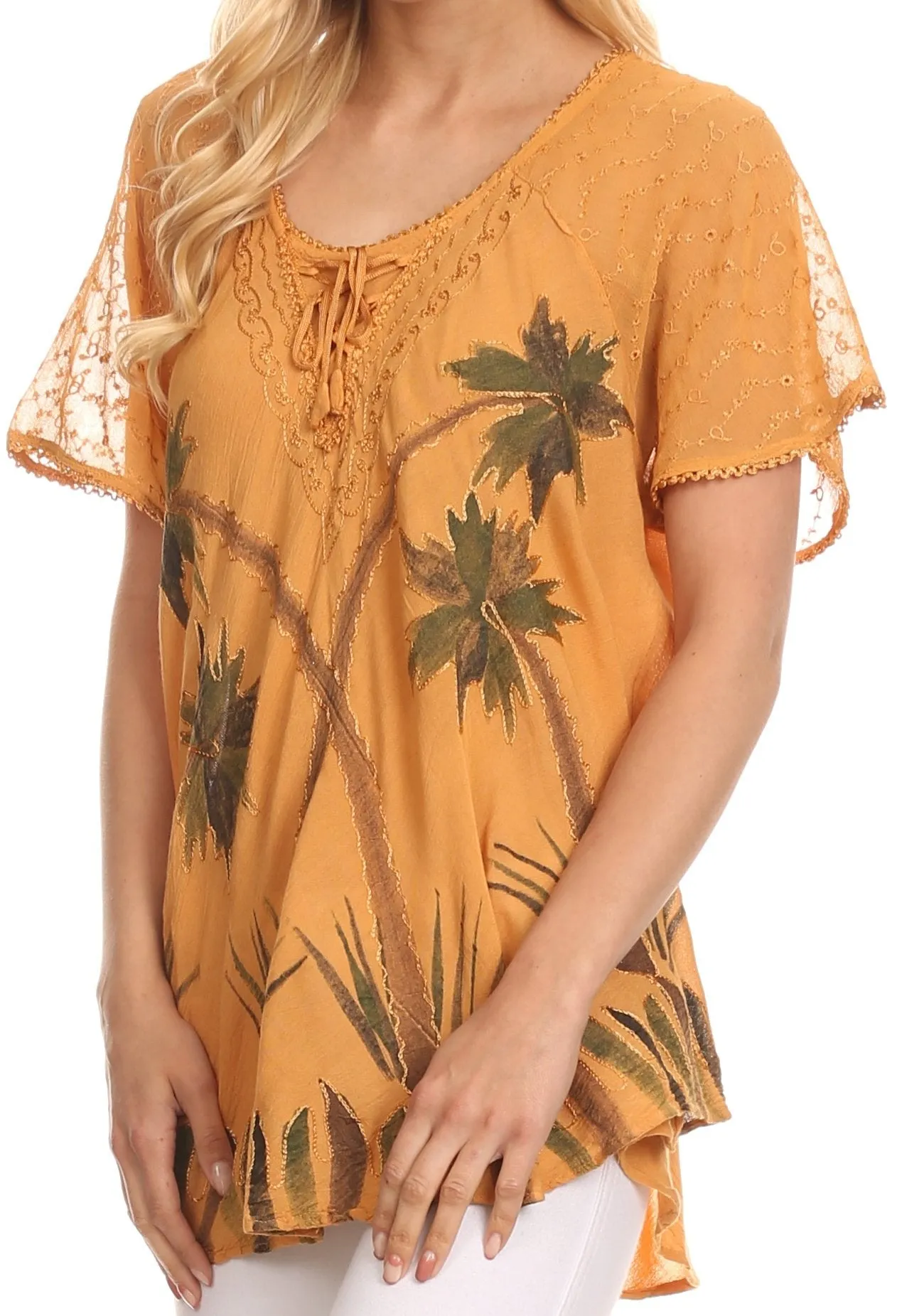 Sakkas Albina Island Relaxed Fit Embroidery Cap Sleeves Blouse / Top