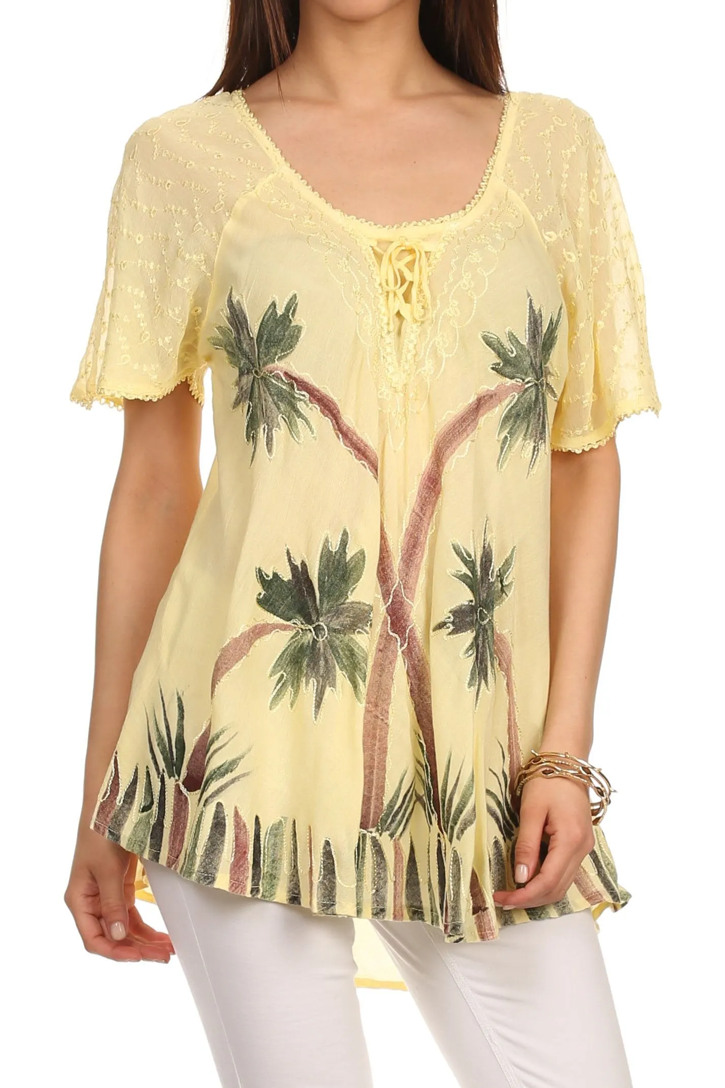 Sakkas Albina Island Relaxed Fit Embroidery Cap Sleeves Blouse / Top