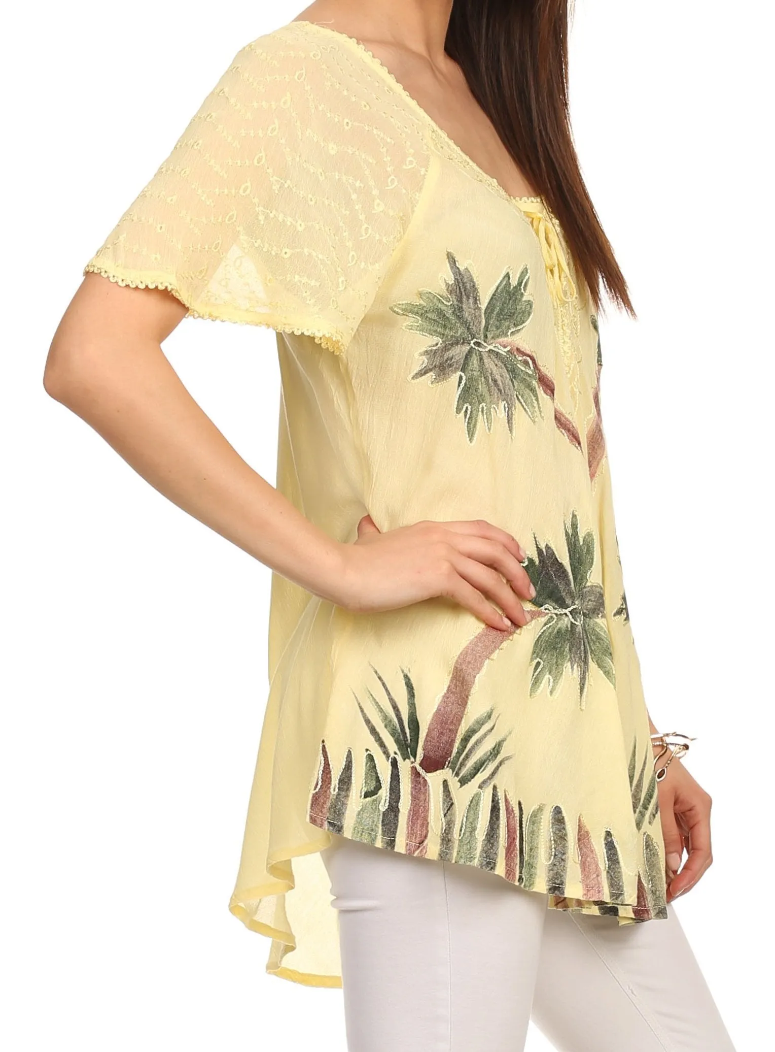 Sakkas Albina Island Relaxed Fit Embroidery Cap Sleeves Blouse / Top