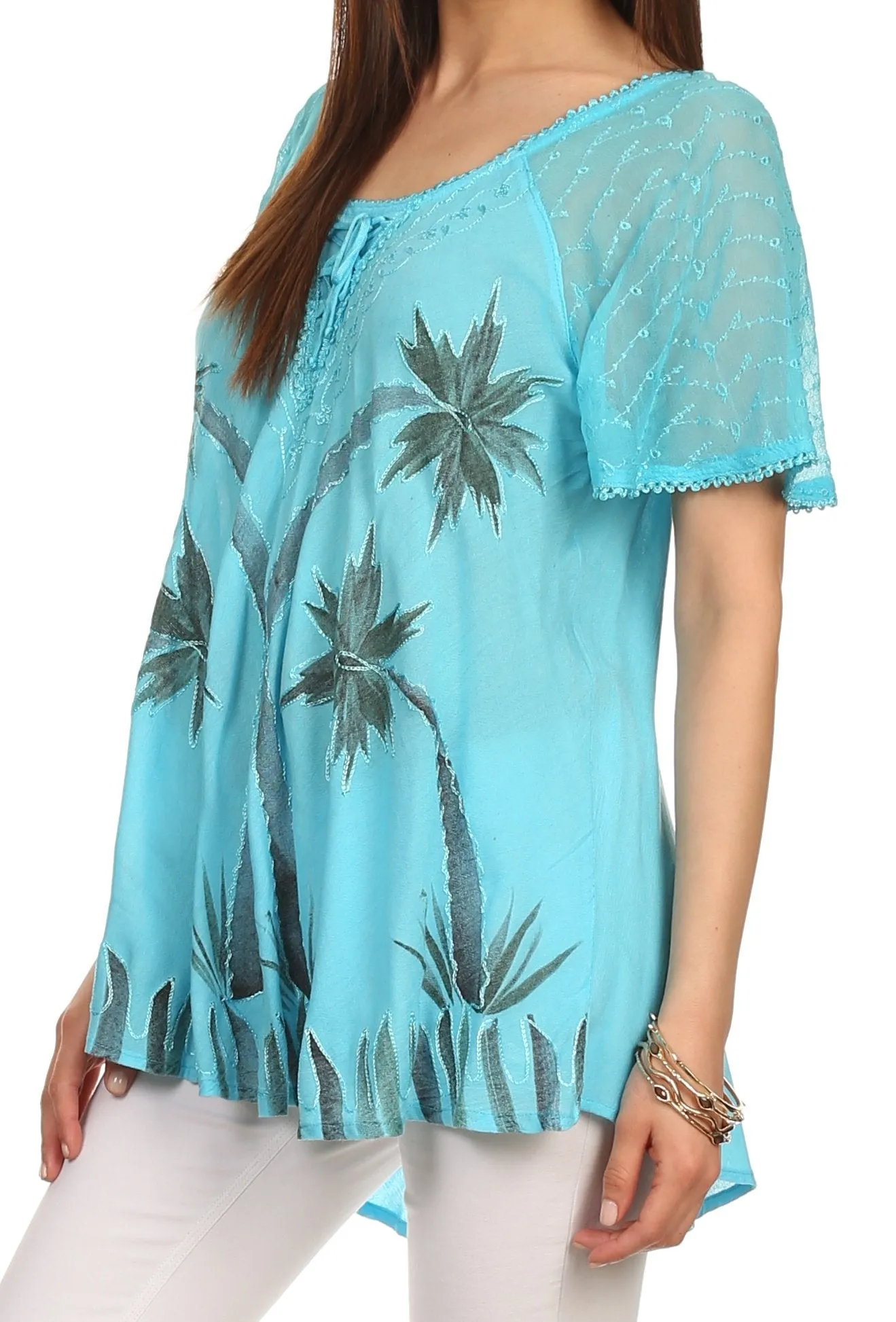 Sakkas Albina Island Relaxed Fit Embroidery Cap Sleeves Blouse / Top